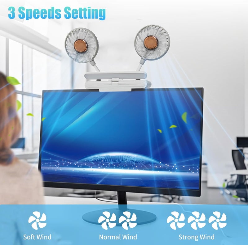 THRRLY Monitor Fan with LED Lights, USB Desktop Fan with 2 Rotatable Heads, 3 Speeds Desk Fans Small Quiet with Sturdy Adjustable Clamp, Strong Wind Office Personal Cooling Fans for Laptop, Desktop. - Image 3